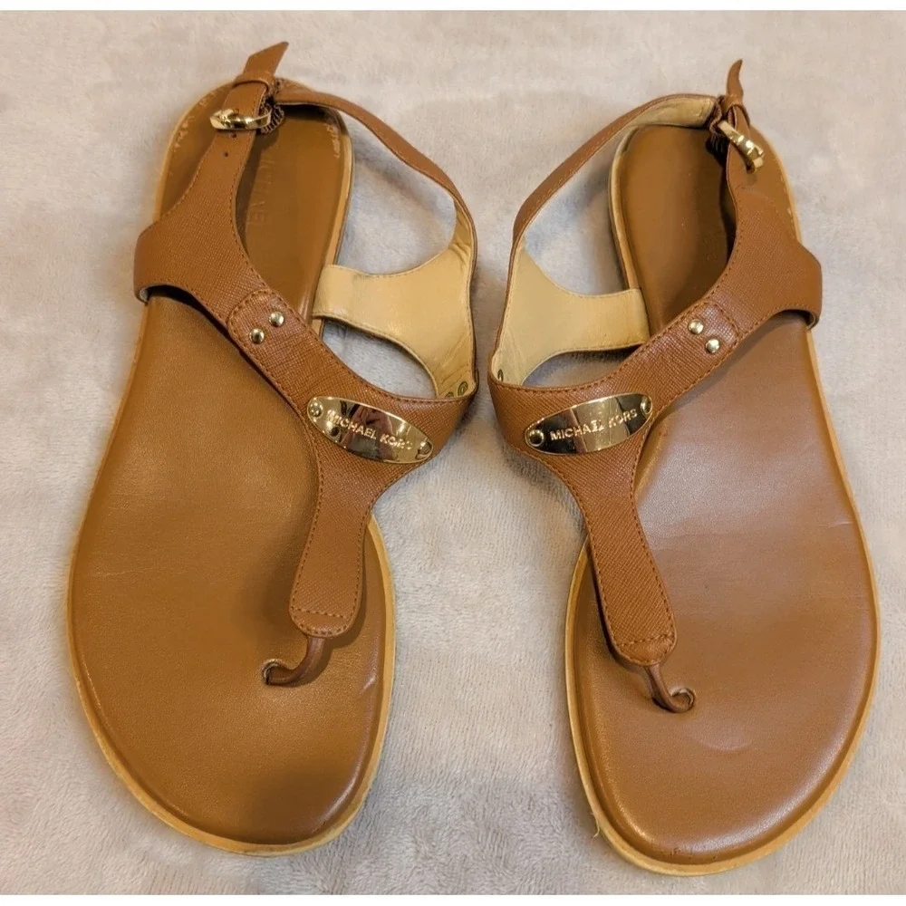 Michael Kors Leather‎ T-Strap Thong Sandals | 7M Cognac Brown Gold